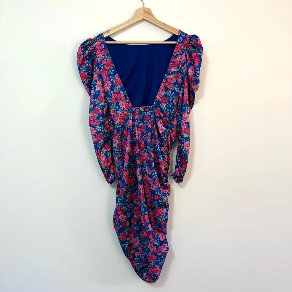 For Love & Lemons Annie Blue Purple Floral Satin Midi Dress Puff Sleeve Small